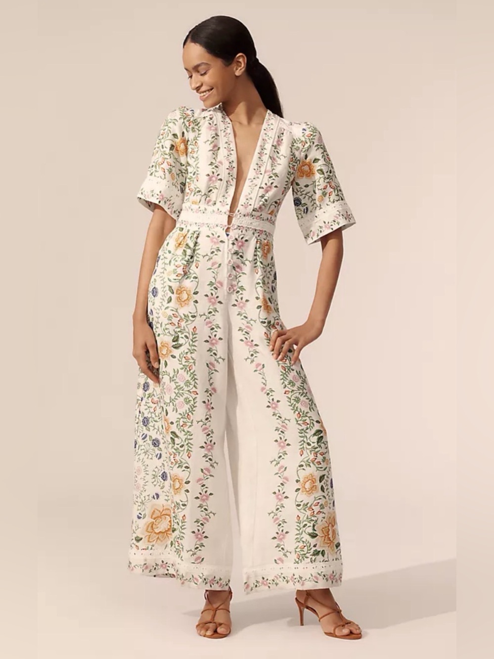 FARM RIO Folk Floral Linen Blend Wide-Leg Jumpsuit — Size XXS